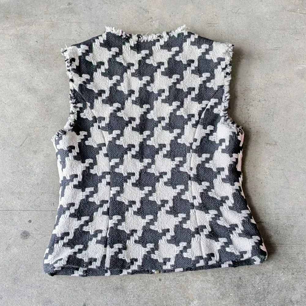 Cabi Black White Houndstooth Fringe Vest small